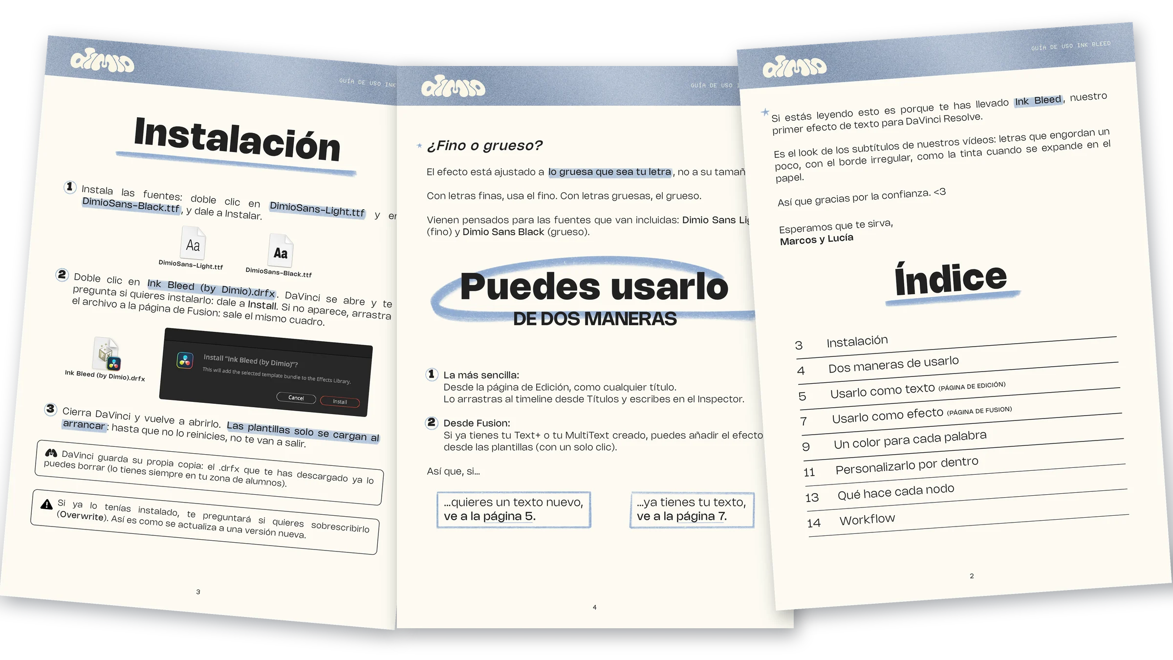 Tres páginas de la guía de uso en PDF: la instalación, las dos maneras de usarlo y el índice